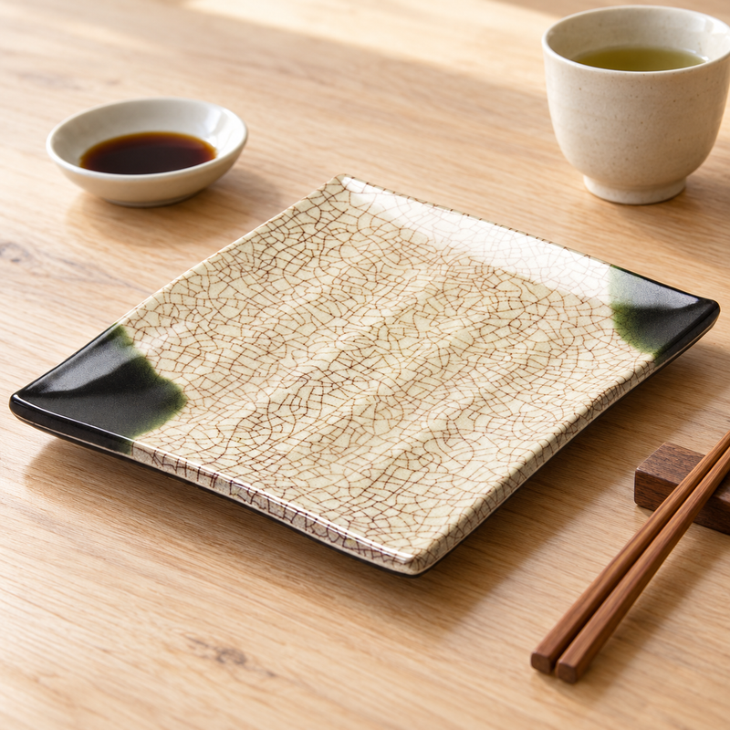 508-O rectangular Oribe-pattern plate with dark green corners beside tea, soy dish and chopsticks on a wood table