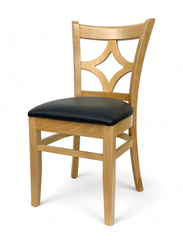 Natural Solid Beechwood Decorative-Back Restaurant Chair with Black Padded Seat