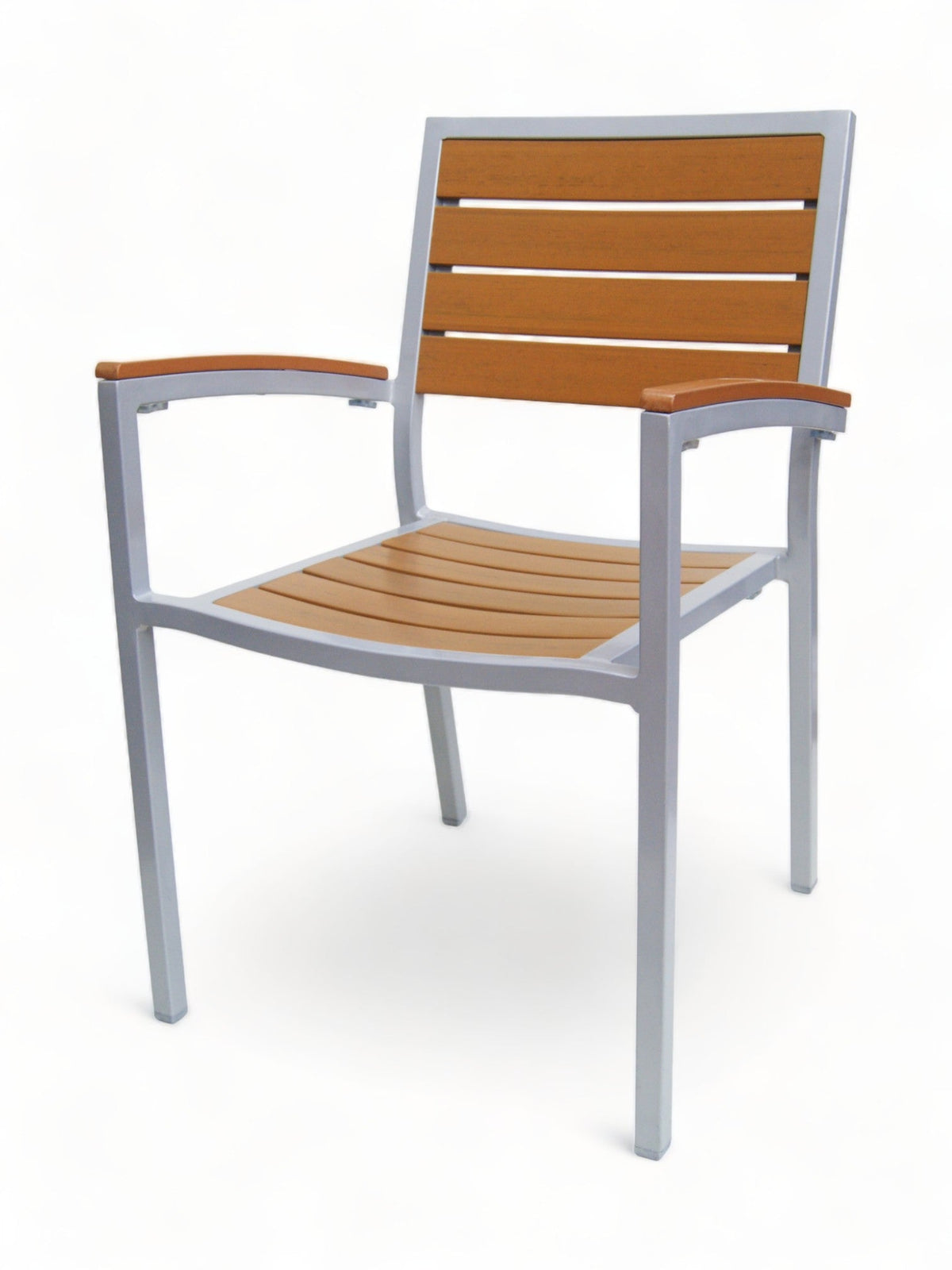 Stackable Synthetic Slat Aluminum Patio Armchair – Silver Frame / Teak Slats