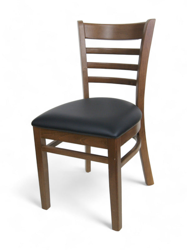 Light Walnut Solid Beechwood Ladder-Back Restaurant Chair with Black Padded Seat
