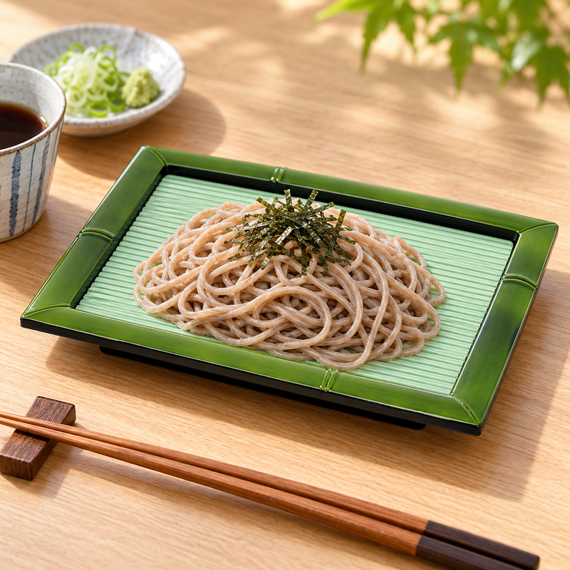 606-S-G green soba tray with chilled noodles on its plastic mat