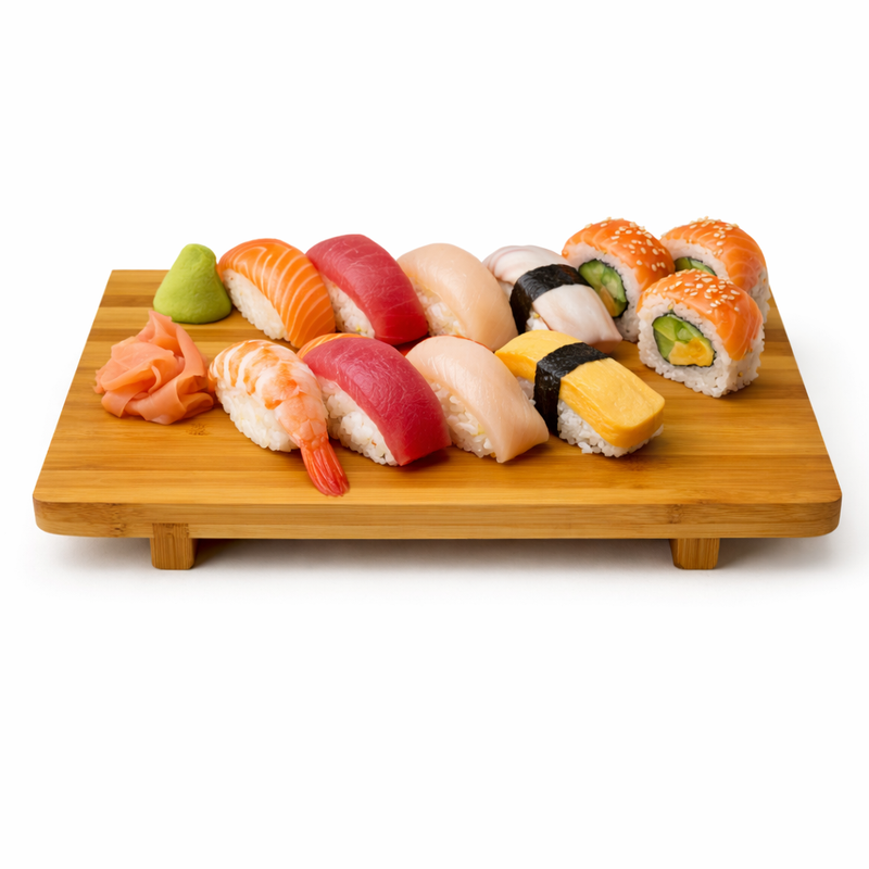 DJ-WDGT27 bamboo sushi geta with a mixed sushi arrangement