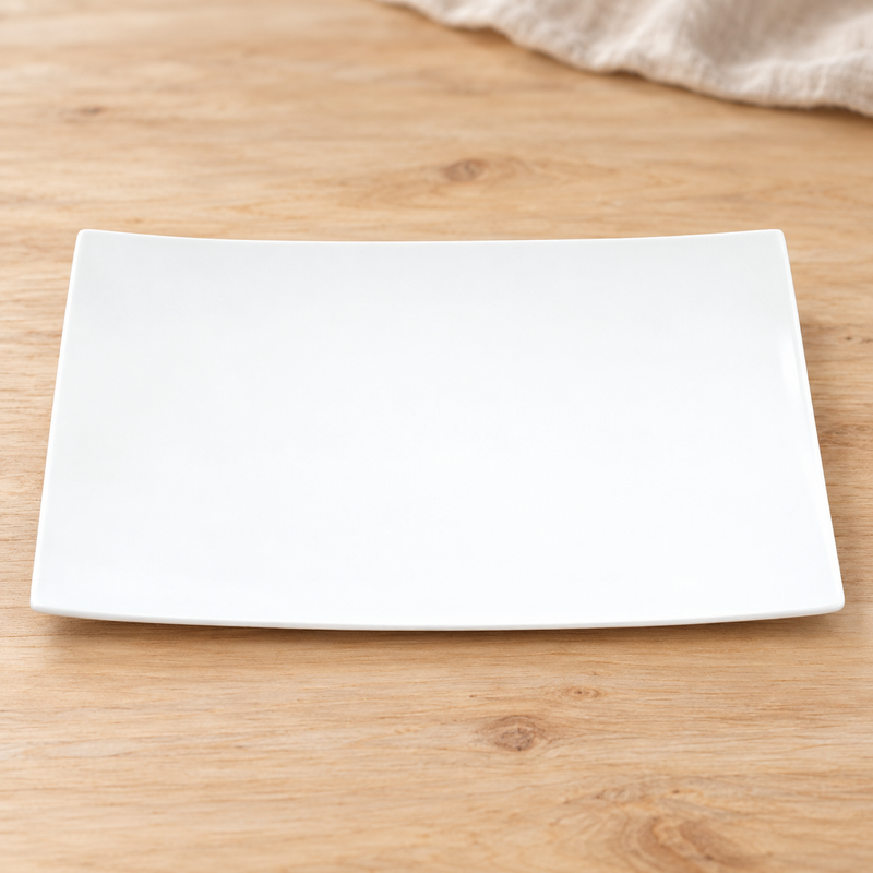 A346-02 white rectangular plate on a light wood table