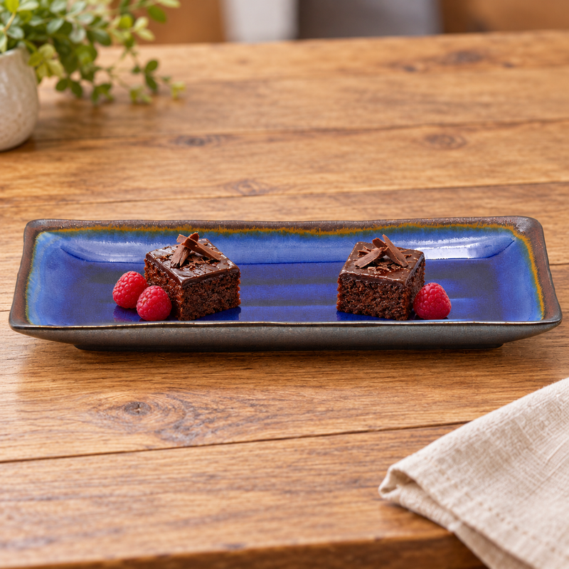 AS211-SP sapphire blue ceramic plate with chocolate cake and raspberries