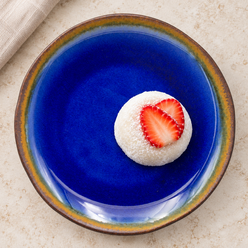 AS265-SP sapphire blue ceramic plate with mochi and strawberries