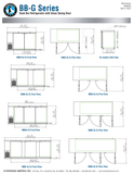 Hoshizaki BB-G glass-door original complete manufacturer dimension page, showing separately labeled 59/69/80/95-width layouts and common side view; overall 29-inch depth versus 28-inch plan body dimension; original BB80 front caption omits -G, other glass-series labels and exact BB59-G geometry retained