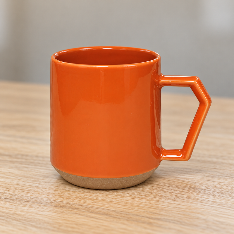 C011 orange ceramic mug with angular handle and contrasting base