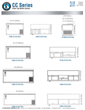 Hoshizaki CC Series original complete drawing page for CC50, CC65, CC80 and CC95, including stainless -S models. Cabinet depth excludes bumper/cap catcher; common side view also labels 28 inches. CC50 small opening label is inconsistent; confirm actual access dimensions.