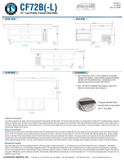 Hoshizaki CF72B and CF72B-L original complete manufacturer dimension page with separately labeled right/left condenser layouts; 26-inch work surface versus 27-inch overall height and body versus bumper dimensions; two-wide-drawer geometry retained; caster/load/room-area and metadata conflicts explained in note