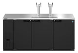 Hoshizaki DD80 original manufacturer front view showing three lockable doors, two insulated draft towers with four faucets and black-vinyl exterior