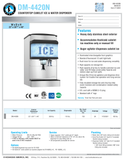 Hoshizaki DM-4420N original manufacturer specification page with cubelet dispenser photo, separate storage and dispensable capacities, supplied legs, electrical and drain requirements