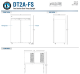 Hoshizaki DT2A-FS original complete dimension drawing panel: 55-inch width, 33.5-inch depth, 79.5-inch caster height and 59.25-inch open depth; refrigerator left, freezer right; current webpage depth differs, see note