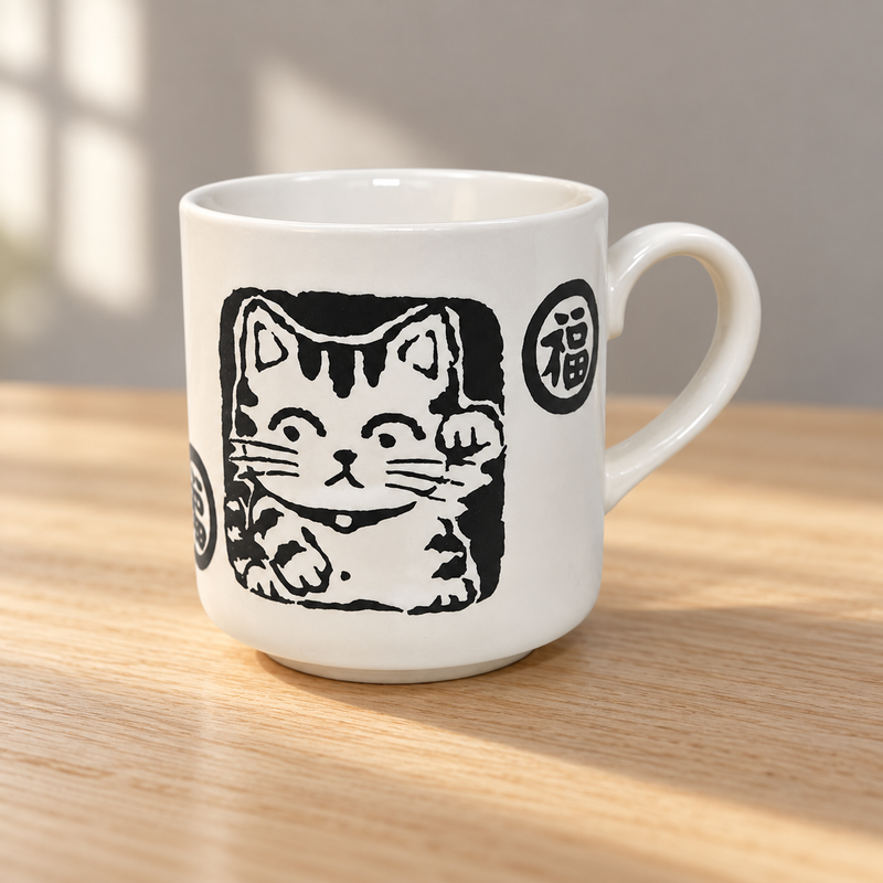 EP18-CW white ceramic lucky cat mug — wooden tabletop setting