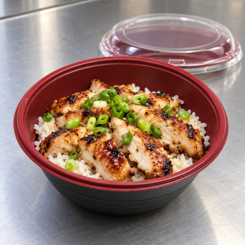 ED-1000 bowl with rice and chicken at a packing counter