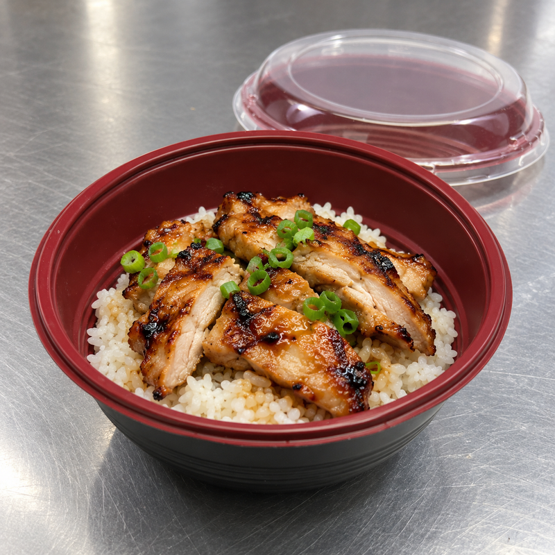 ED-550 bowl with rice and chicken at a packing counter