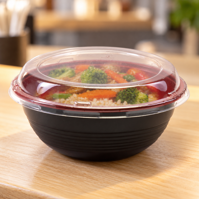 ED-550 bowl with clear lid over a prepared rice meal