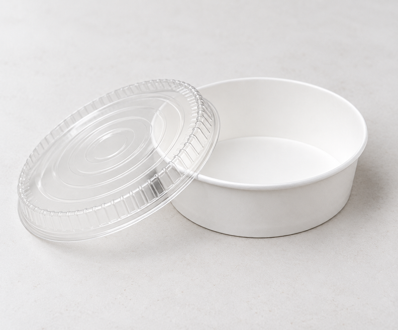 FP-PSB48 white paper bucket and clear ribbed dome lid viewed separately