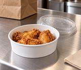 FP-PSB48 paper food bucket with fried chicken and its clear dome lid at a packing counter