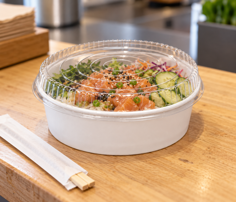 FP-PSB48 white paper food bucket with a clear dome lid over a prepared rice meal