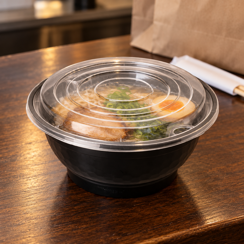 GW-NCB502 noodle bowl with clear lid at a restaurant pickup counter