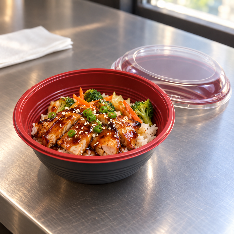 HD-700 red and black teriyaki bowl with prepared rice meal at a packing counter