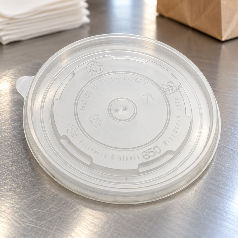 JC-850 lid with original embossed marking on a restaurant packing counter