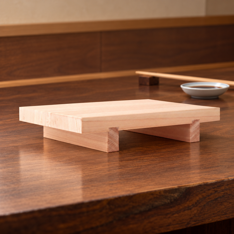 1-742-9 wooden sushi geta on a preparation counter
