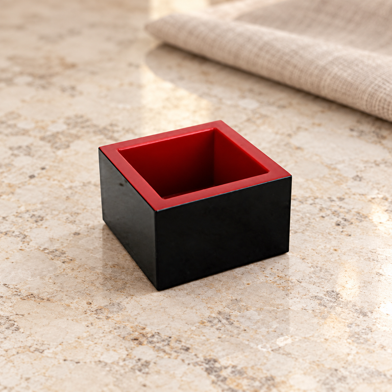 OMS-7 square plastic masu cup at a dining table