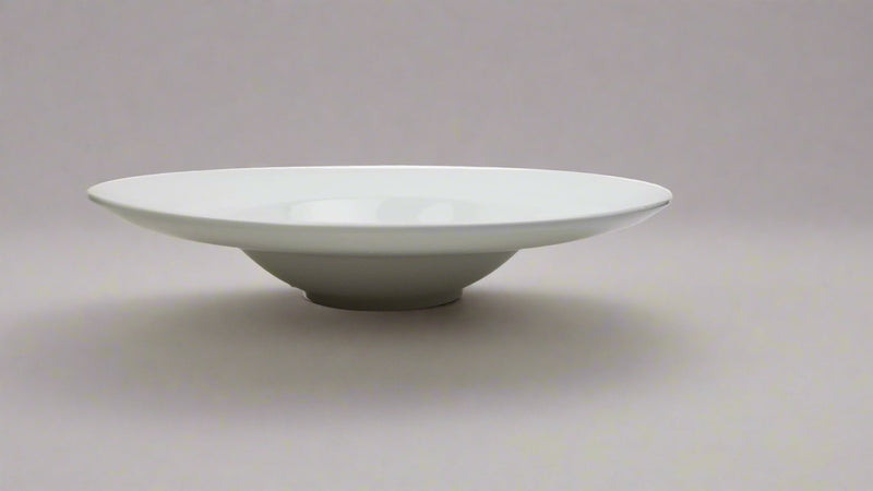Side view of the white porcelain wide-rim plate showing the recessed center and curved underside.