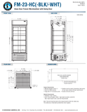 Hoshizaki FM-23-HC original complete dimension and header-sign page, shared by silver/black/white finishes; original drawing height/depth spans differ from specification table as qualified in notes. Confirm delivered support package and installed envelope.