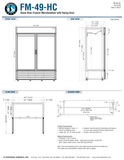 Hoshizaki FM-49-HC original complete dimension and header-sign page; original drawing height/depth spans differ from specification table as qualified in notes. Confirm delivered support package and installed envelope.