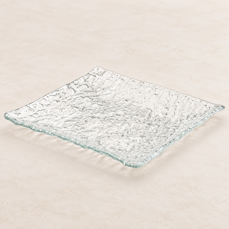 GF6-C clear glass square plate in a neutral tabletop setting