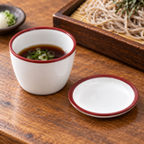 H-5259 white ceramic soba cup with red rim and matching lid in a dipping-sauce serving context