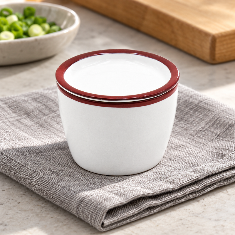 H-5259 white cup and red-rimmed plate in a covered tabletop setting