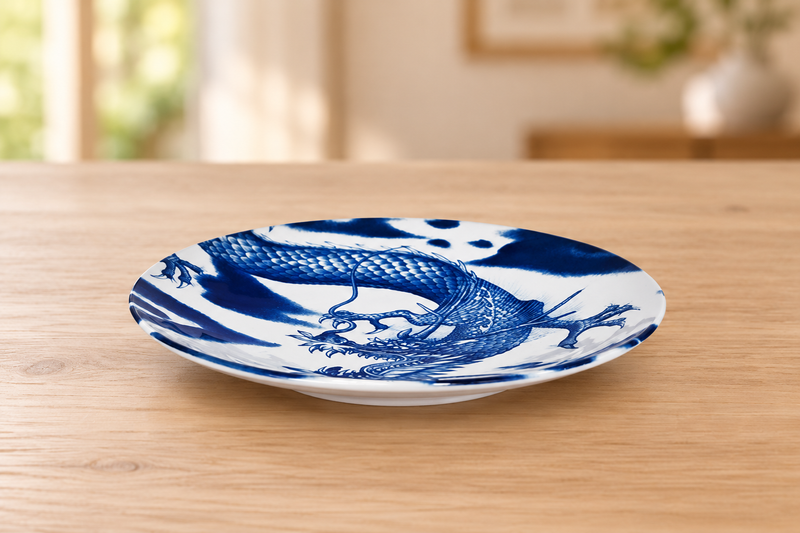 Blue dragon ceramic plate shown empty on a wooden dining table