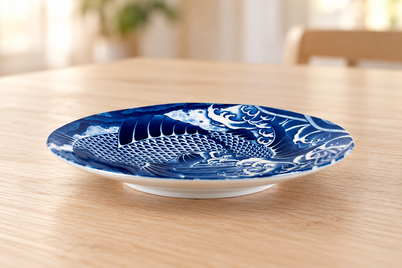 Blue-and-white koi plate shown empty at a low angle on a wooden table
