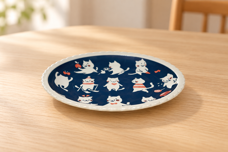 Playful cat scalloped plate shown empty on a wooden table