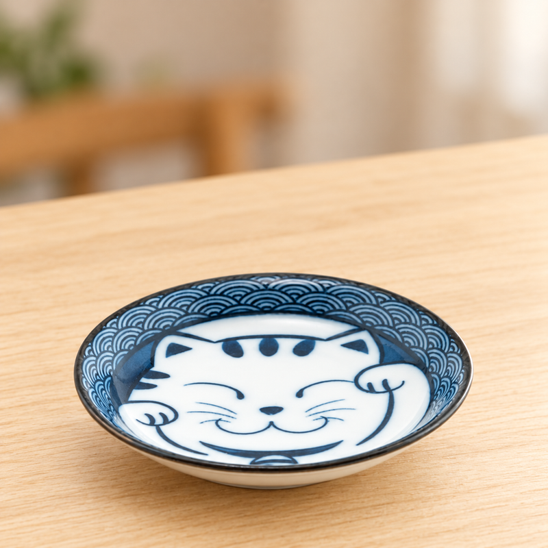 Blue Lucky Cat small dish in an empty table setting