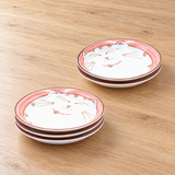 HS5-P five pink cat plates arranged in two stacks on a neutral tabletop