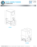 Hoshizaki HCD-500B and HCD-1000B original complete drawing page showing leg bases, front bagging shelves, shovel doors and labeled cabinet dimensions; overall nozzle and rear-cover depth is specified separately