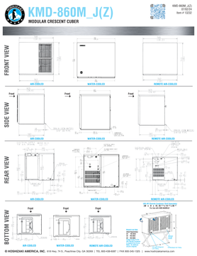 Hoshizaki KMD-860 shared water, air and MRJZ remote original dimensional drawing with bottom opening and separately sold URC-9FZ reference