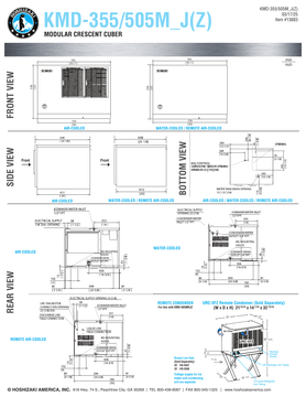 Hoshizaki KMD-355/505 shared air, water and remote dimensional drawing with ultrasonic-control opening and separately sold URC-5FZ reference