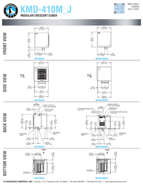 Hoshizaki KMD-410MAJ and KMD-410MWJ shared original dimensional drawing with air- and water-cooled views and bottom openings
