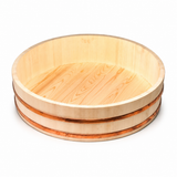 I-654-66 wooden sushi rice tub shown from a higher front view, revealing the wood-grain interior and two copper-colored bands