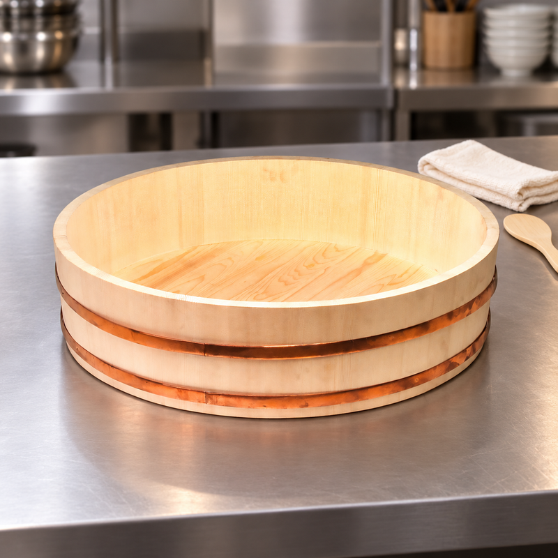 I-654-66 wooden sushi rice tub on a stainless kitchen preparation counter