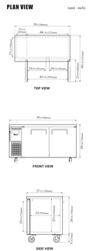 JUF-60-N manufacturer top, front and side plan views; cabinet depth excludes 1 in rear spacers and cabinet height excludes 5 in caster height.