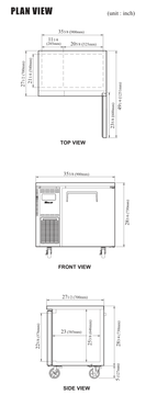 JUR-36-N6 manufacturer top, front and side plan views; cabinet depth excludes 1 in rear spacers and cabinet height excludes 5 in caster height.