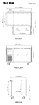 JUR-48-G-N manufacturer top, front and side plan views; cabinet depth excludes 1 in rear spacers and cabinet height excludes 5 in caster height.