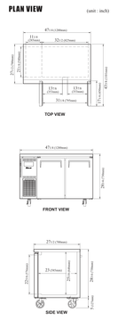 JUR-48-N6 manufacturer top, front and side plan views; cabinet depth excludes 1 in rear spacers and cabinet height excludes 5 in caster height.