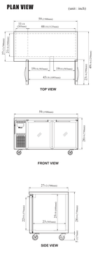 JUR-60-G-N manufacturer top, front and side plan views; cabinet depth excludes 1 in rear spacers and cabinet height excludes 5 in caster height.